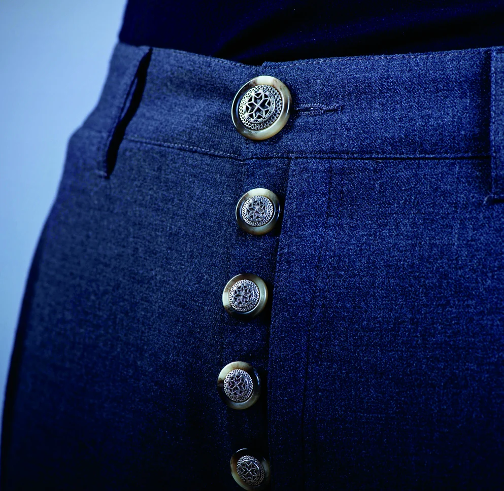 Tibetan button front on the Exclusive Trouser